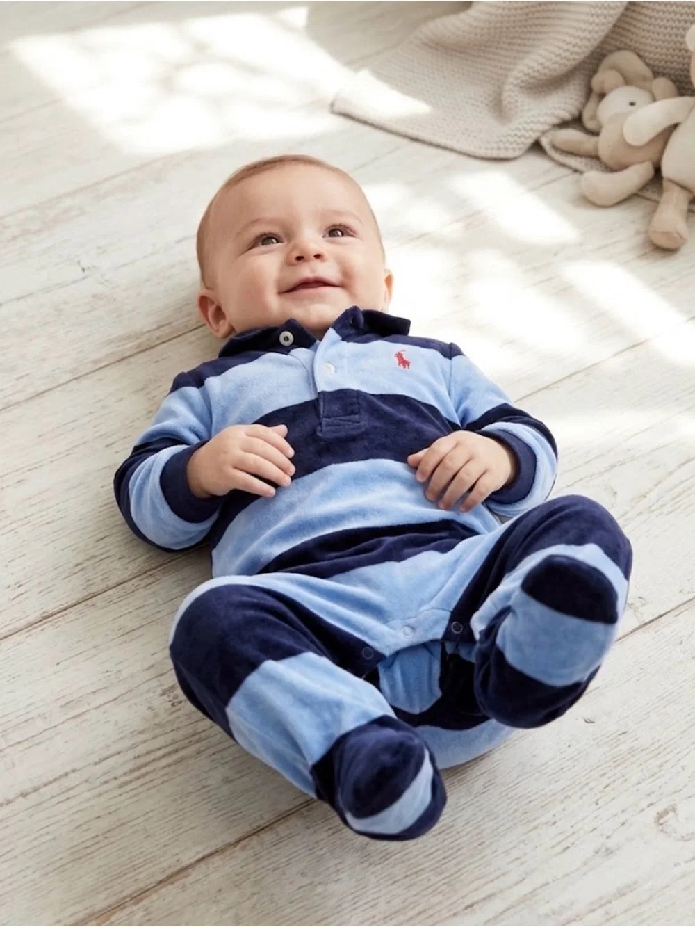 Ralph Lauren Light Blue & Navy Striped Polo Footie 9 months